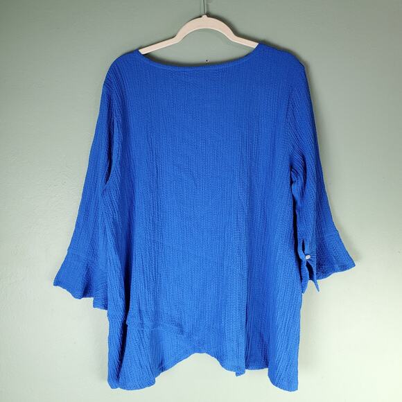 Ali Miles Womens Blue Bell Sleeve Asymmetrical Hem Cutout Tunic Top Size XL - Picture 2 of 7